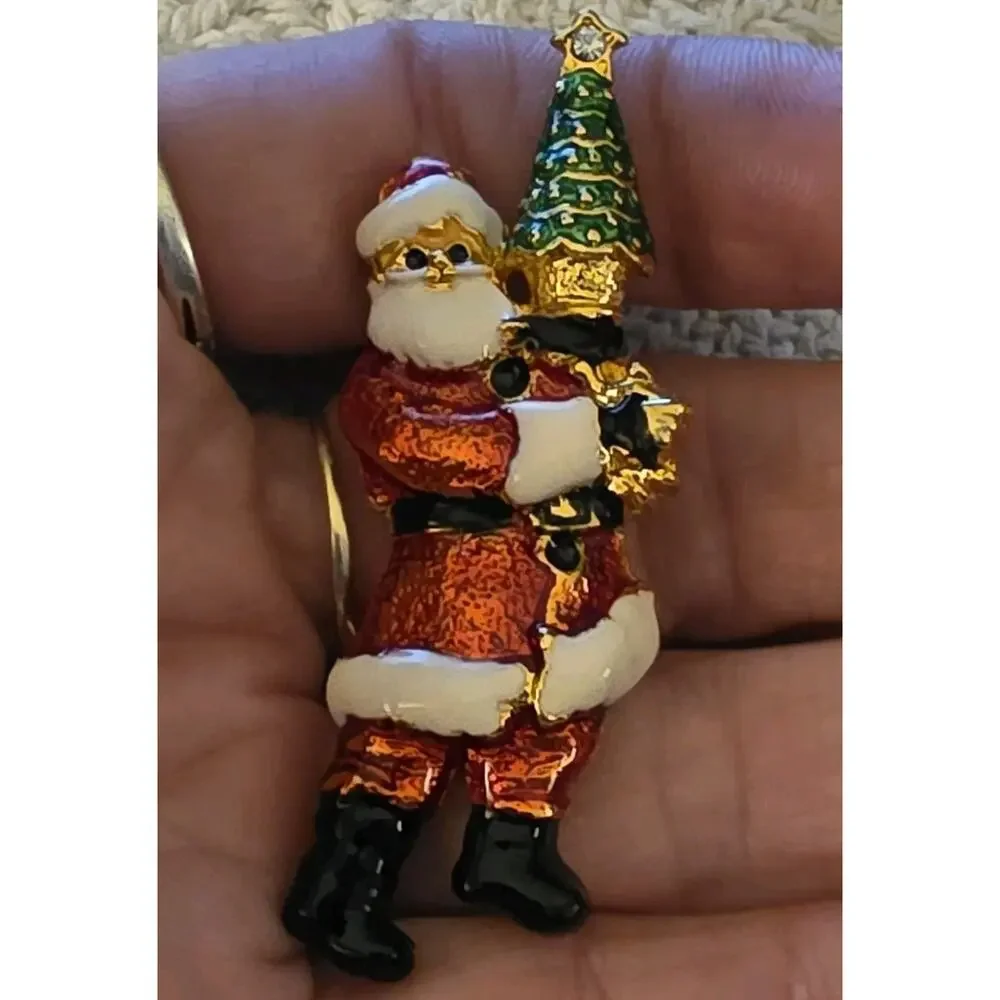 Vtg Christopher Radko Santa Pin Shiny Brite Goldtone Enamel Christmas Holiday